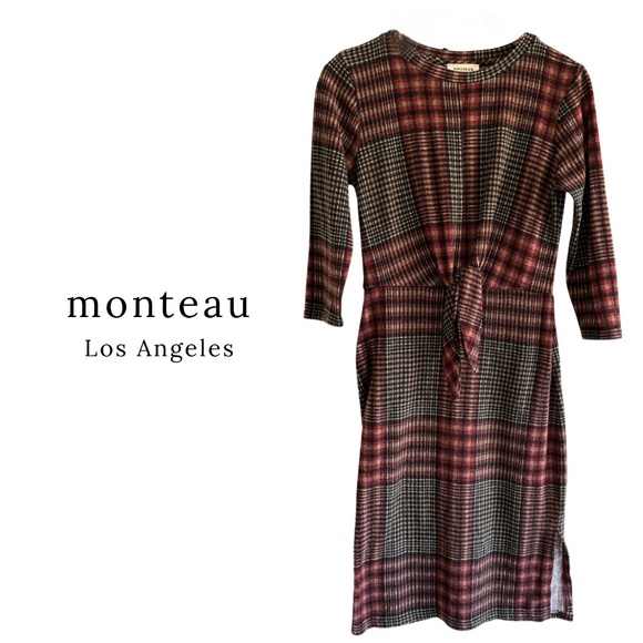 Monteau LA | Stretch Knit Plaid Midi Dress – Burgundy Check | Size S - Picture 1 of 7